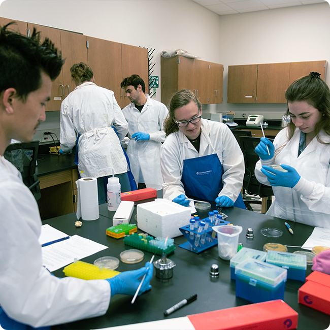 male and female students in lab coats working together in a science classroom lab